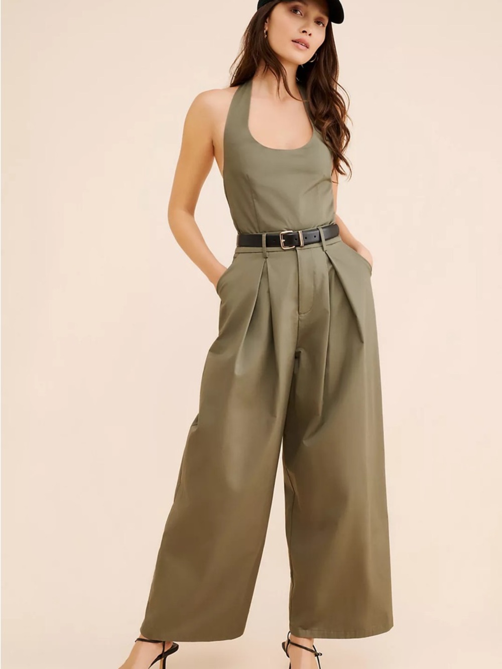 $188 Flat White Anthropologie Olive Green Halter Wide-Leg Jumpsuit Large L